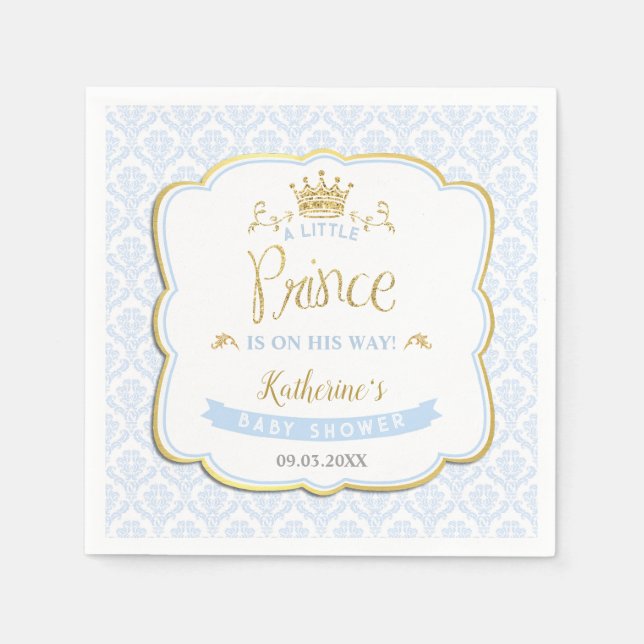 Little Prince Blue Damask Gold Crown Baby Shower Napkin (Front)