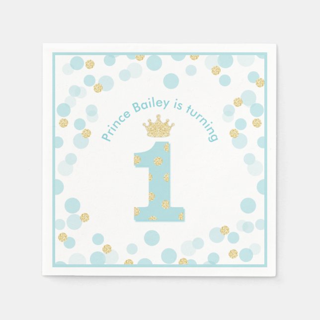 Little Prince Blue Gold 1st Birthday Party Napkin (Front)
