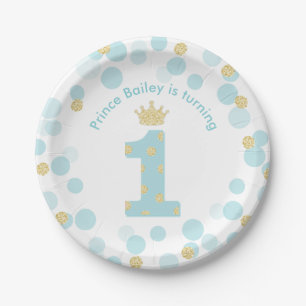 Little Prince Blue Gold 1st Birthday Party Paper Plate