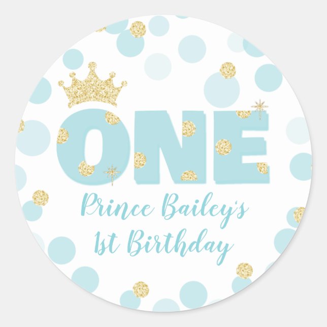 Little Prince Blue Gold Confetti Birthday Party Classic Round Sticker (Front)