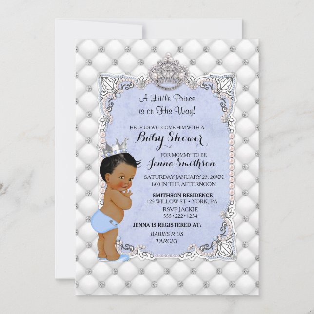Little Prince Blue Pearls Diamonds Baby Boy Invitation (Front)