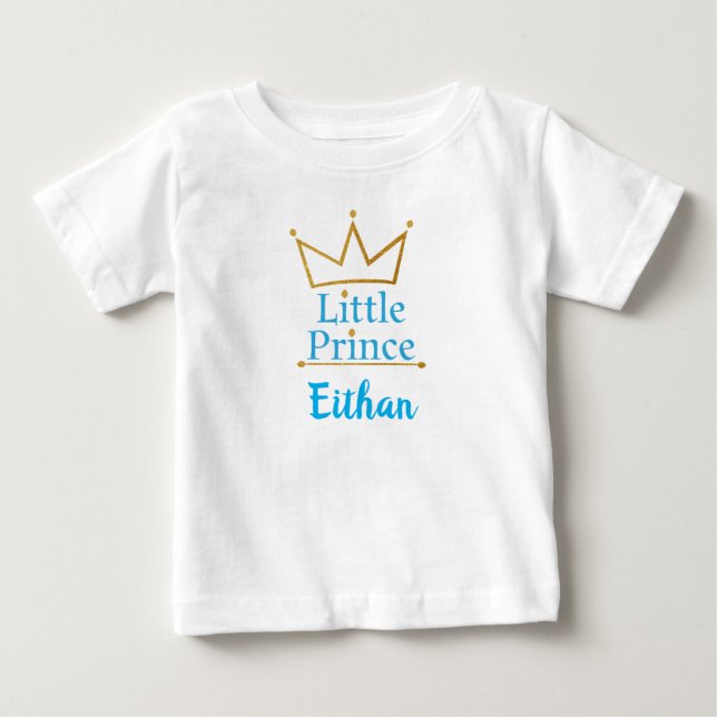 Little Prince Blue text and Gold Crown Baby T-Shirt (Front)