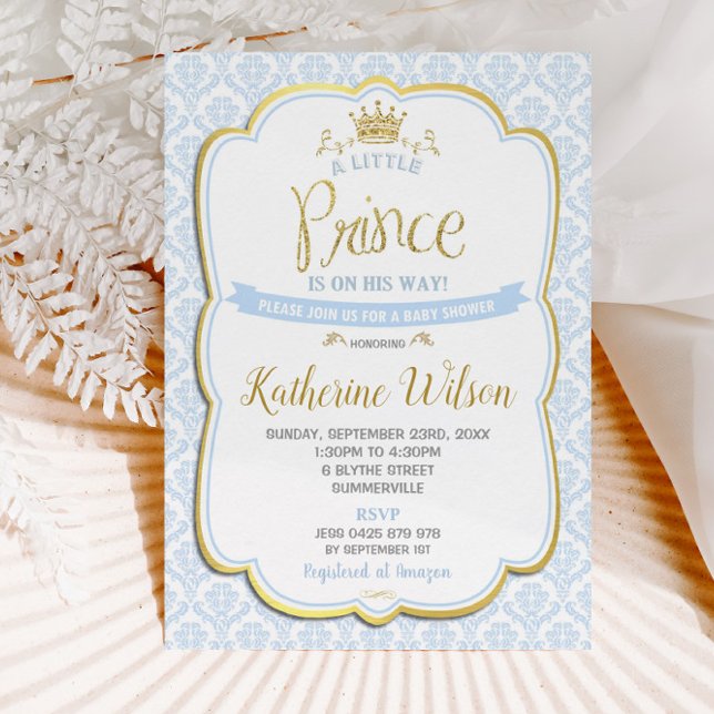 Little Prince Boy Baby Shower Blue Damask Invitation (Creator Uploaded)