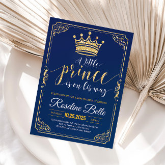 Little Prince Crown Navy and Gold Boy Baby Shower Invitation
