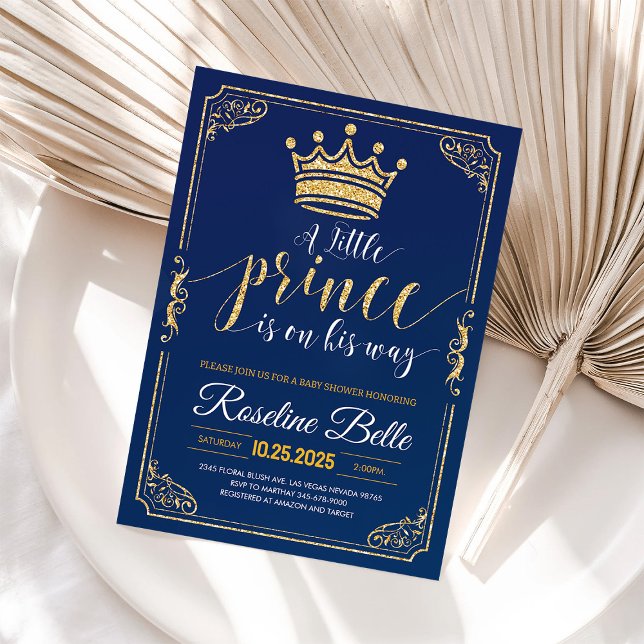 Little Prince Crown Navy and Gold Boy Baby Shower Invitation (Creator Uploaded)