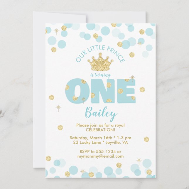 Little Prince First Birthday Blue Gold Invitation (Front)