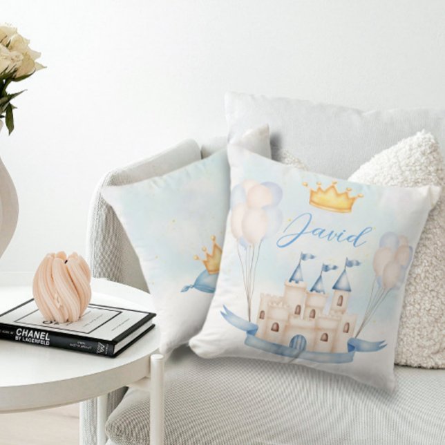 Little Prince gold crown Watercolor castle blue Cushion (Creator Uploaded)