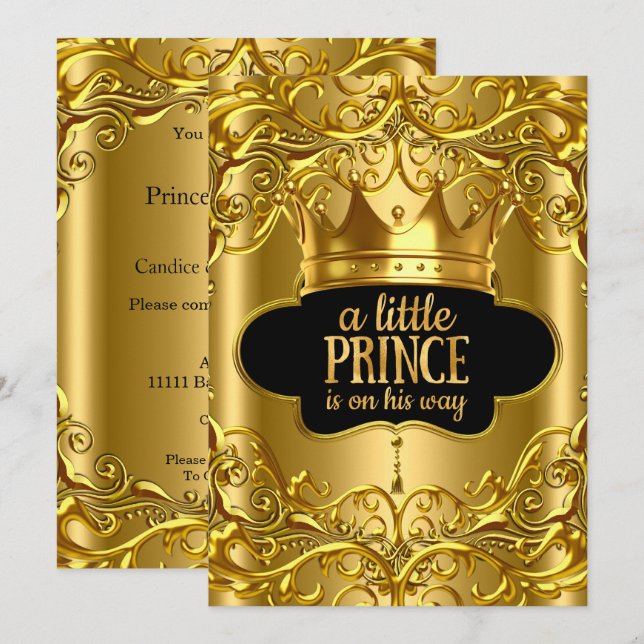 Little Prince is on his way Baby Shower Golden Invitation (Front/Back)
