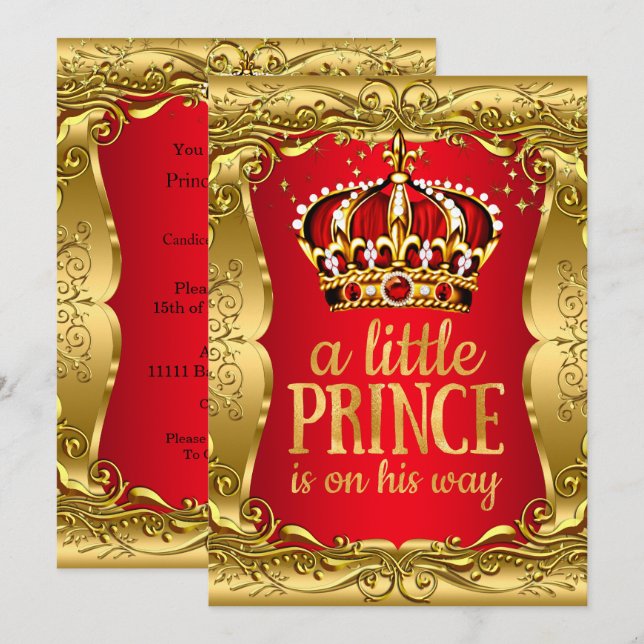 Little Prince on his way Baby Shower Gold Red Invitation (Front/Back)