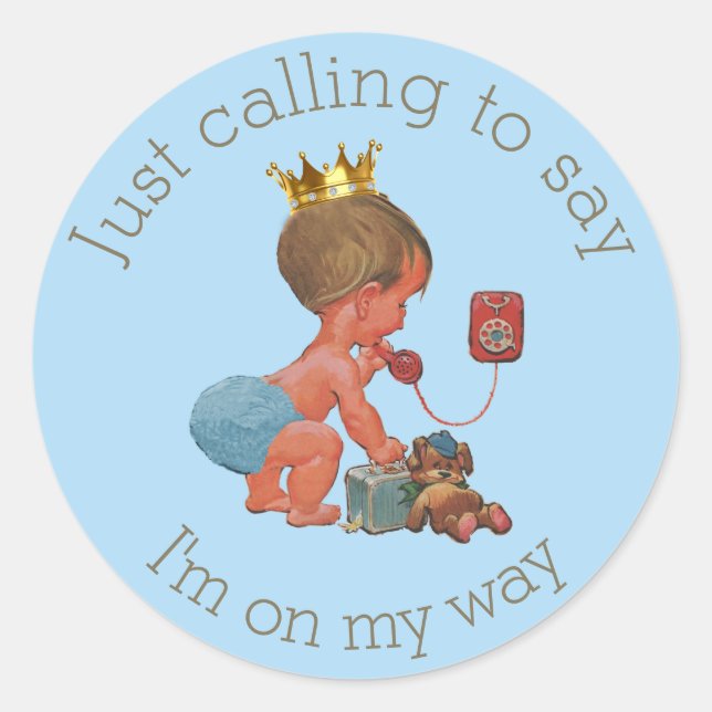 Little Prince on Phone Blue Grey Baby Shower Classic Round Sticker (Front)