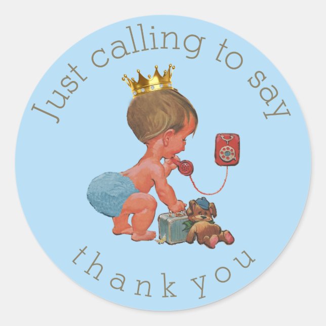 Little Prince on Phone Thank You Baby Shower Classic Round Sticker (Front)