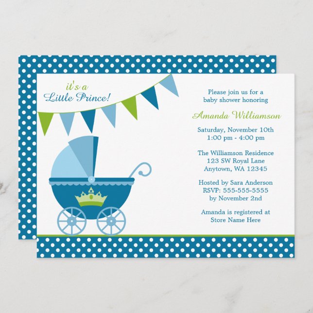 Little Prince Polka Dot Bunting Boy Baby Shower Invitation (Front/Back)