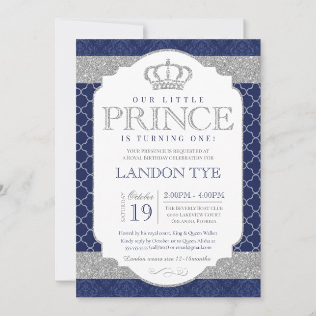 Little Prince Royal Blue and Silver Boys Birthday Invitation (Front)