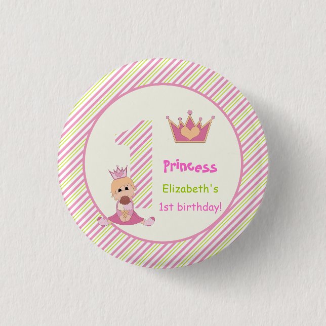 Little princess and crown girls 1st birthday pink 3 cm round badge (Front)