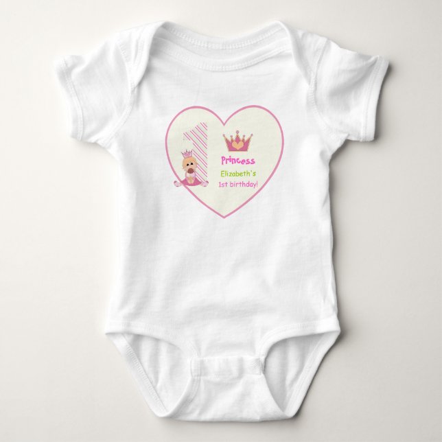 Little princess and crown girls 1st birthday pink baby bodysuit (Front)
