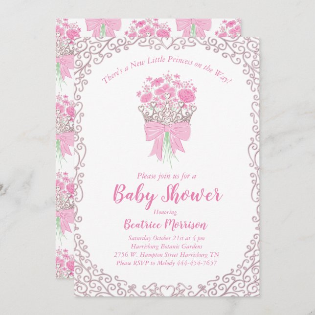 Little Princess Baby Girl Shower Silver Crown Invitation (Front/Back)