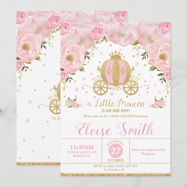 Little Princess Baby Shower Carriage Pink Floral Invitation (Front/Back)