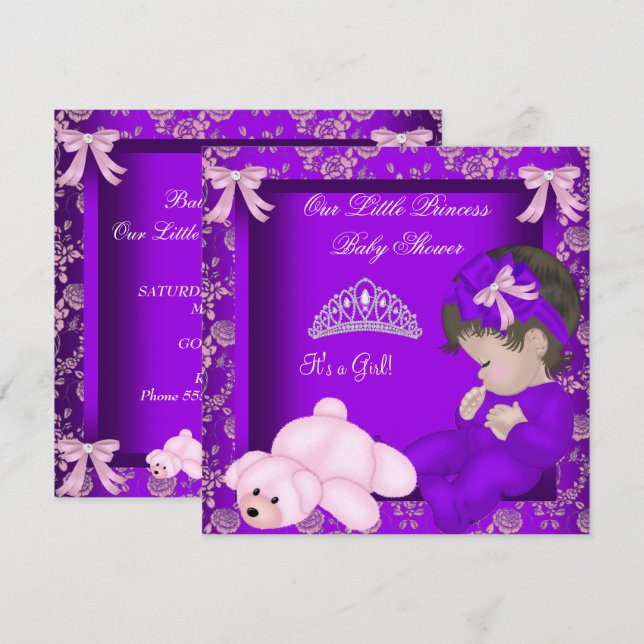 Little Princess Baby Shower Girl Purple Damask Invitation (Front/Back)