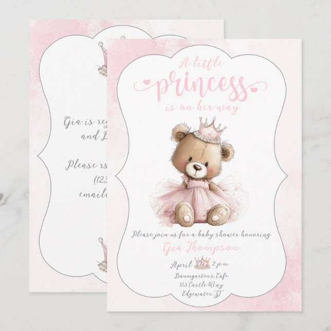 Little Princess Baby Shower Invitation with Teddy  (Front/Back)