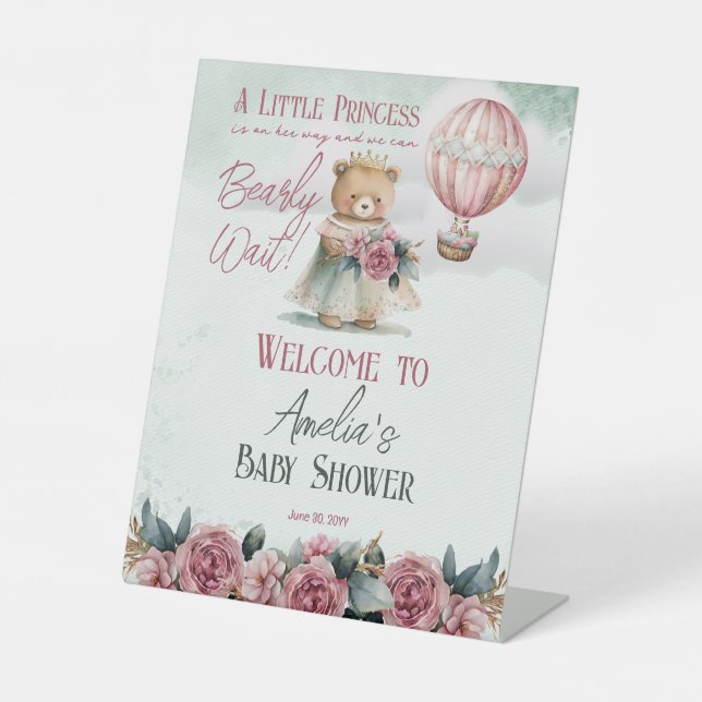 Little Princess Bear Bearly Wait Girl Baby Shower Pedestal Sign (Front)