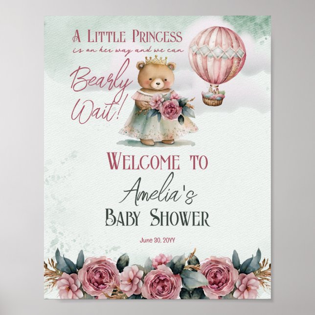Little Princess Bear Bearly Wait Girl Baby Shower Poster (Front)