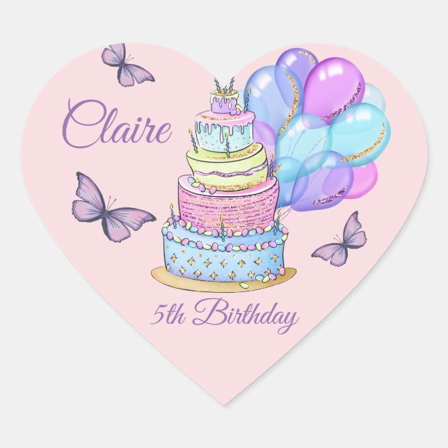 Little Princess Birthday Cake Balloons Butterflies Heart Sticker (Front)