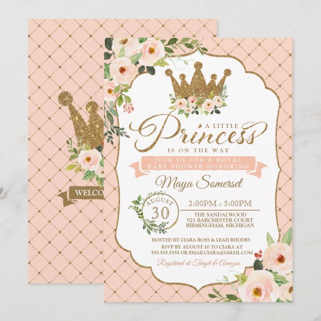 Little Princess Blush Floral Royal Baby Shower Invitation (Front/Back)