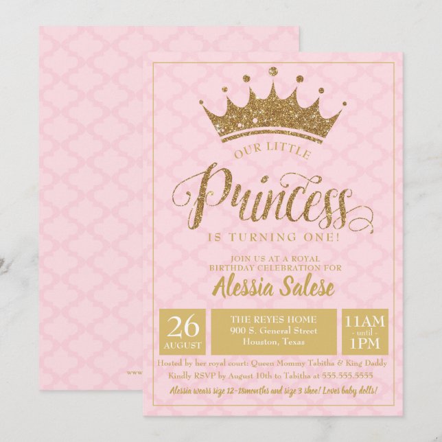 Little Princess Crown Girl 1st Birthday Invitation (Front/Back)