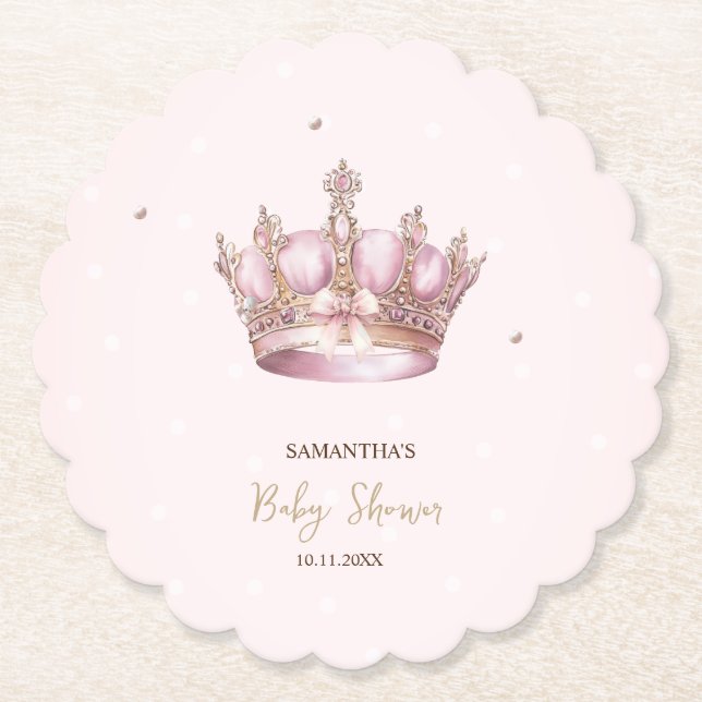 Little Princess Crown Pearls Dots Baby Shower Paper Coaster (Front)