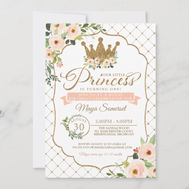 Little Princess Floral & Gold Royal Birthday Invitation (Front)