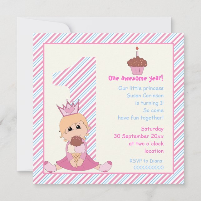 Little princess girls 1st birthday pink blue invitation (Front)