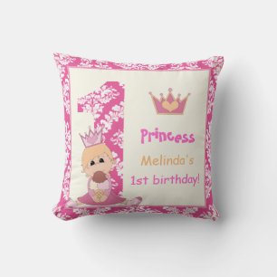 Little princess, girls 1st birthday pink damask cushion