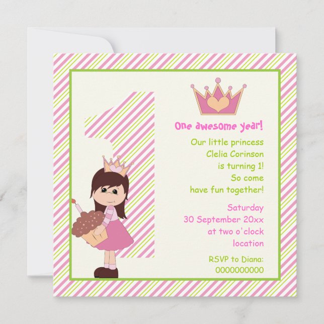 Little princess girls 1st birthday pink green invitation (Front)