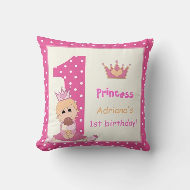 Little princess, girls 1st birthday pink polka dot cushion (Front)