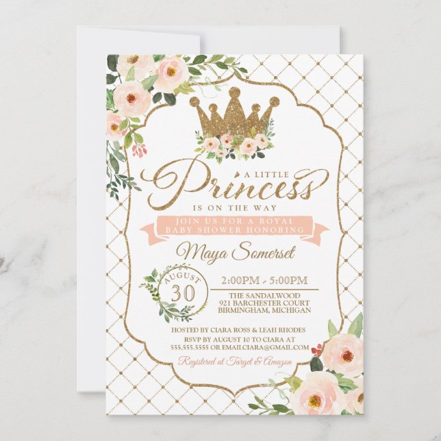 Little Princess  Gold Floral Royal Baby Shower Invitation (Front)