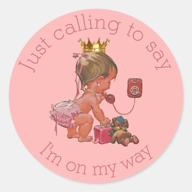 Little Princess on Phone Pink Baby Shower Classic Round Sticker (Front)