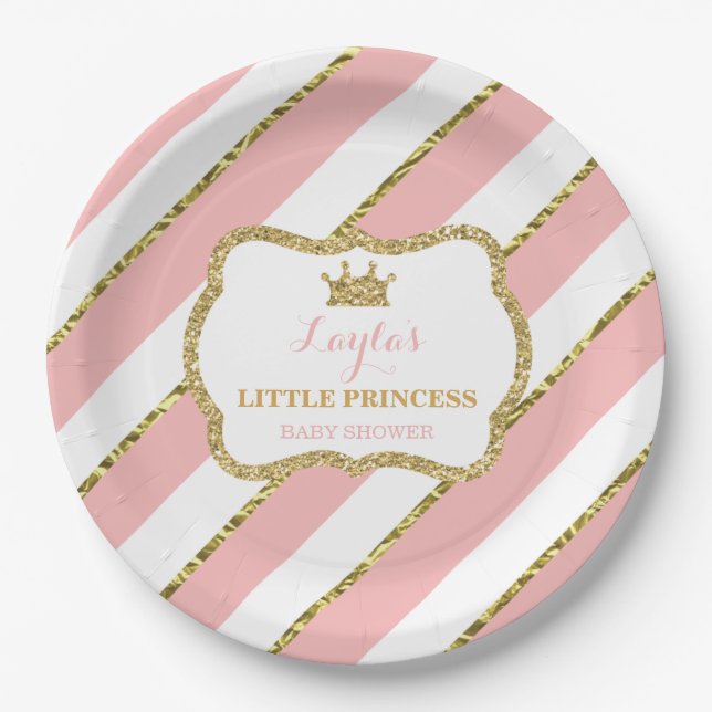 Little Princess Paper Plate, Pink, Gold Glitter Plate (Front)