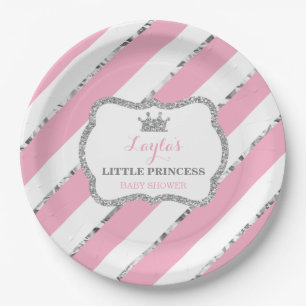 Little Princess Paper Plate, Pink, Silver Glitter Paper Plate