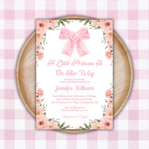 little princess, pink bow floral baby shower invitation
