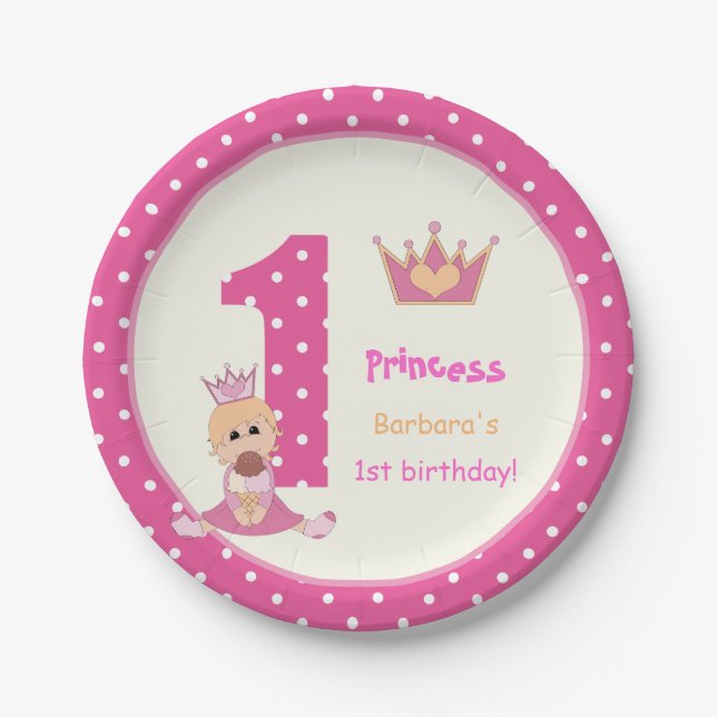 Little princess pink polka dot girls 1st birthday paper plate (Front)