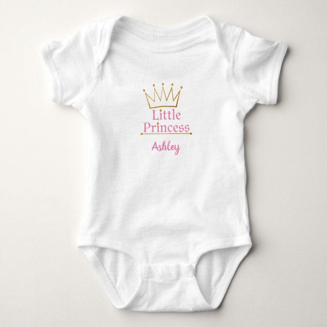 Little Princess Pink text and Gold Crown Baby Bodysuit (Front)