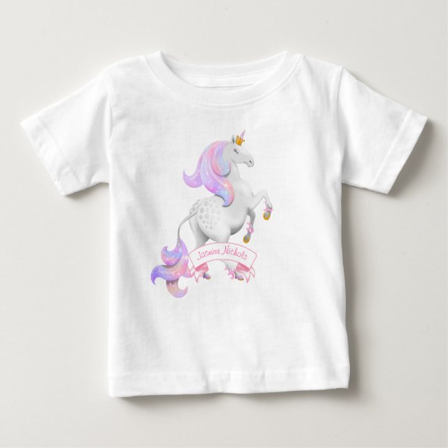 Little Princess Rearing Unicorn with Crown Flowers Baby T-Shirt (Front)