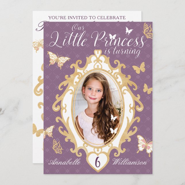 Little Princess Violet & Gold Birthday Invitation (Front/Back)