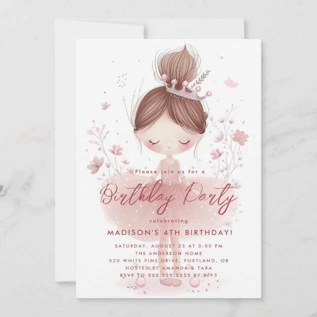 Little Princesses Ballerina Pink Birthday Party  Invitation (Front)