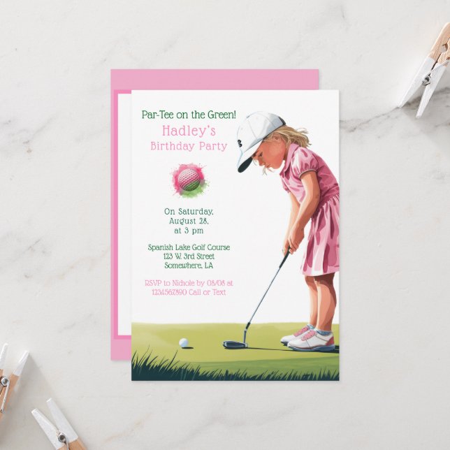 Little Pro In Pink: Birthday on the Green Girl Invitation (Front/Back In Situ)