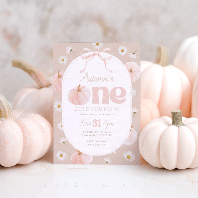 Little Pumpkin 1st Birthday Daisies Neutral Bow Invitation (One cute pumpkin! Girl's 1st birthday invitation neutral background pumpkins, daisy flowers and bow)