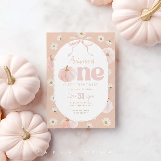 Little Pumpkin 1st Birthday Daisies Peach Bow Invitation (Creator Uploaded)