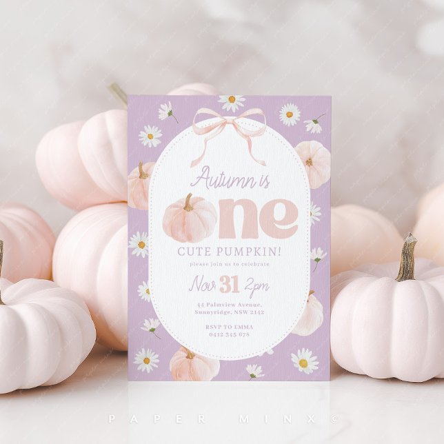 Little Pumpkin 1st Birthday Daisies Purple Bow Invitation (One Cute Pumpkin! Girl's 1st birthday invitation with purple background, pumpkins and daisy flowers.)