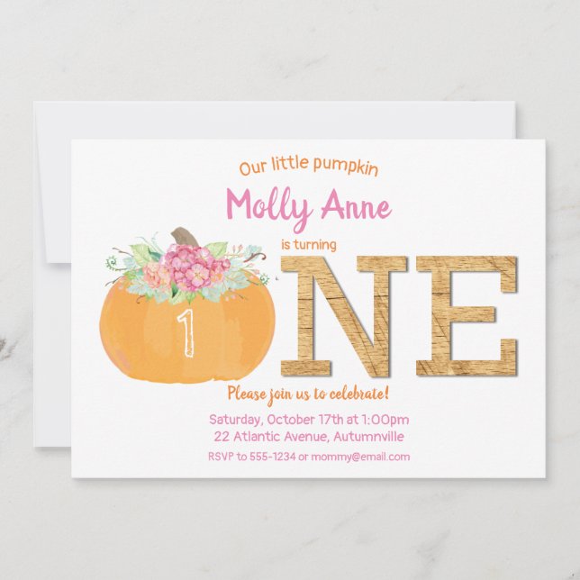Little Pumpkin 1st Birthday Girl Fall Floral Invitation (Front)
