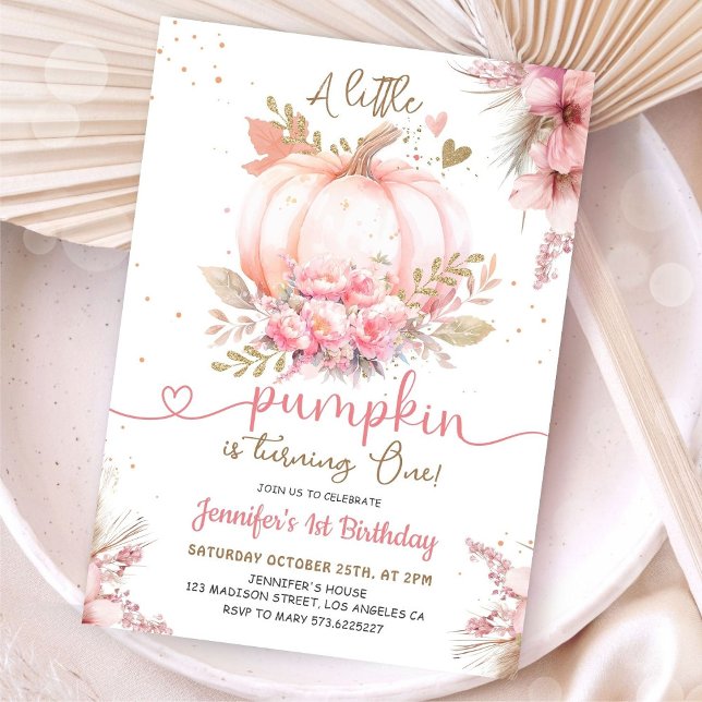 Little Pumpkin 1st Birthday Pink Gold Girls Invitation (Creator Uploaded)
